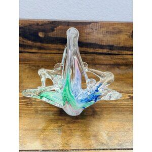 Vintage Murano Pastel Rainbow Swirl Hand Blown Art Glass Basket Bowl